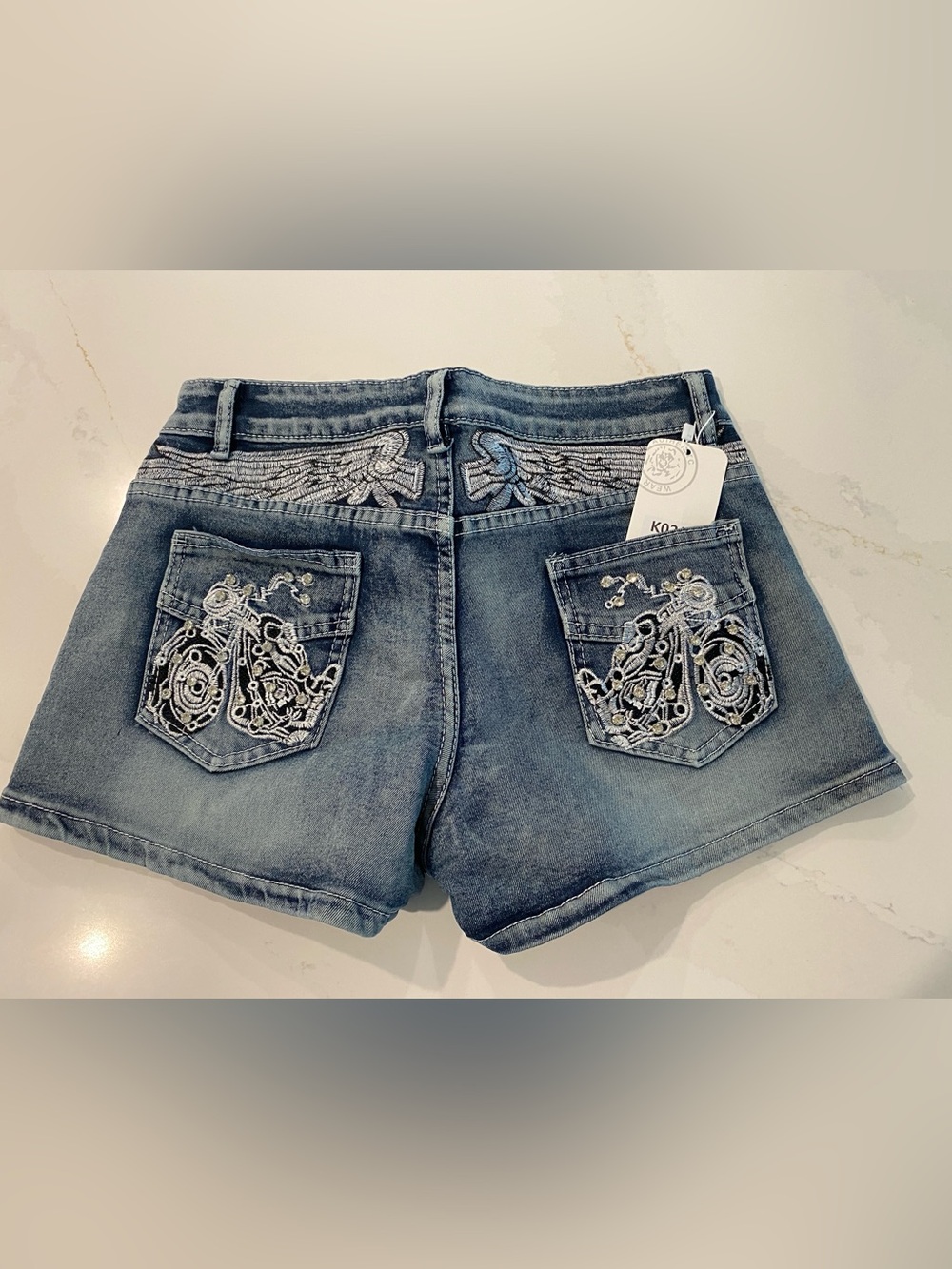 Embellished MOTORCYCLE AND WINGS Denim Shorts with GEMS on  Pocket
 Sz M (28/29)